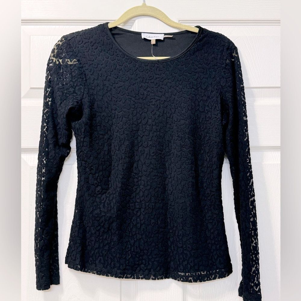NWOT Calvin Klein Long Sheer Sleeves Black Textured Top Women’s Sz S
